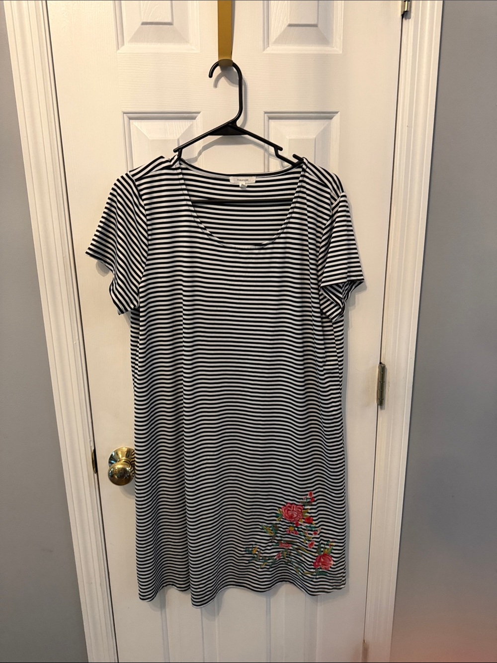 Maurices Black & White Striped Scoop-Neck Dress with Floral Embroidery